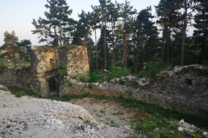 Unutrašnjost ruševina Starog grada Podzvizd, kameni zidovi i otvori prozora obrasli vegetacijom
