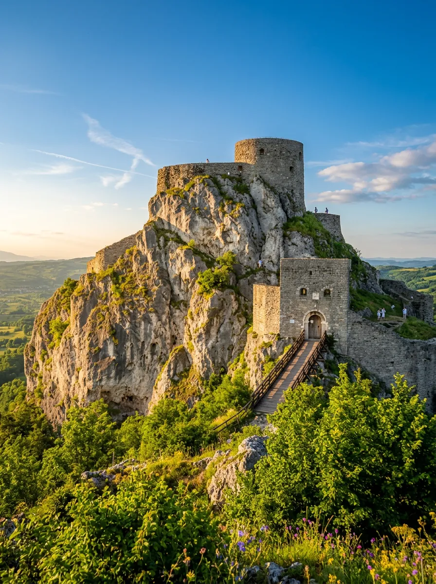 Pogled izbliza na Stari grad Srebrenik na visokoj oštroj steni sa drvenim mostom koji vodi do glavnog ulaza
