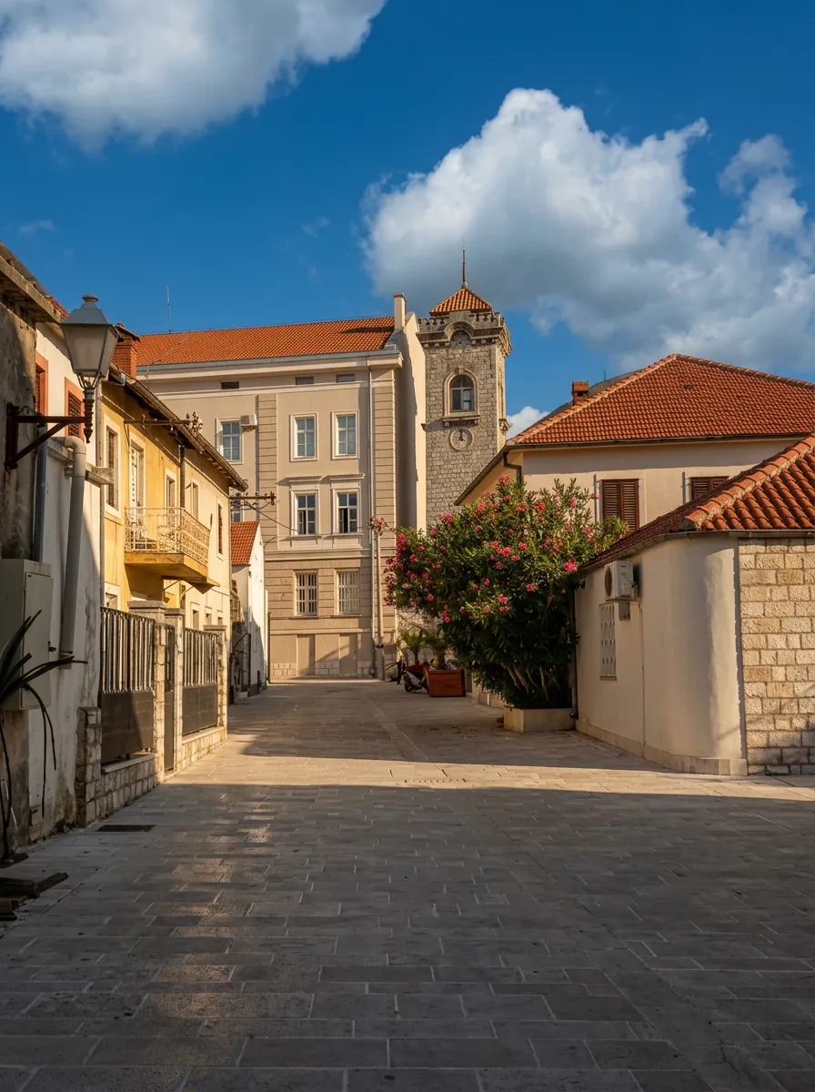 A paved pedestrian zone inside Trebinje's Old Town with old buildings, framed by blooming Mediterranean shrubs and the historic Clock Tower in the background
