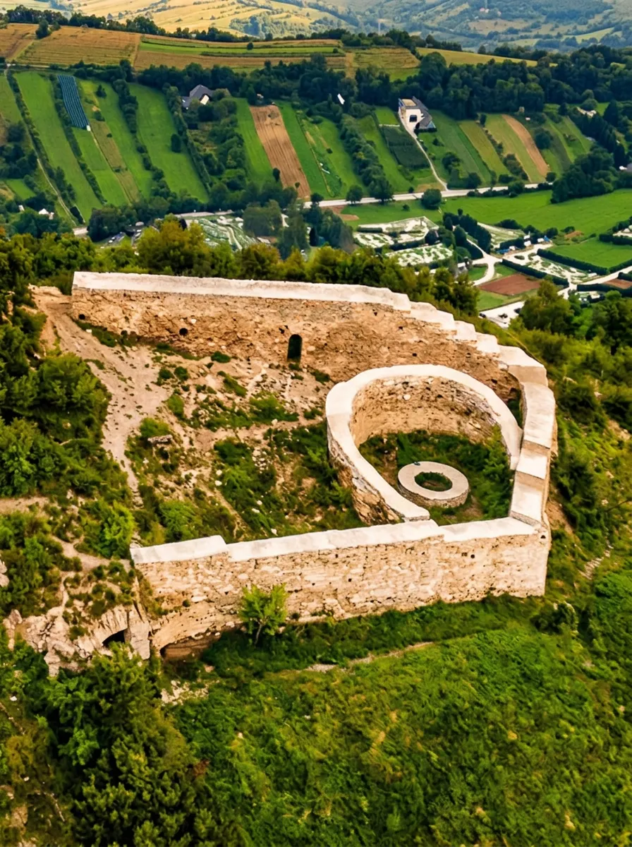 Snimak iz ptičije perspektive koji prikazuje tlocrt i rekonstruisane kamene zidine istorijskog kraljevskog grada Visoki, smještenog na samom vrhu zelenog i šumovitog brda