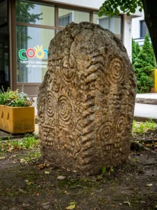 Krupni kadar ukrašenog srednjovjekovnog stećka sa spiralnim motivima izloženog na otvorenom u Zvorniku