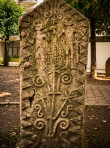 Detaljan prikaz isklesanih figura i simbola na površini kamenog stećka u Zvorniku