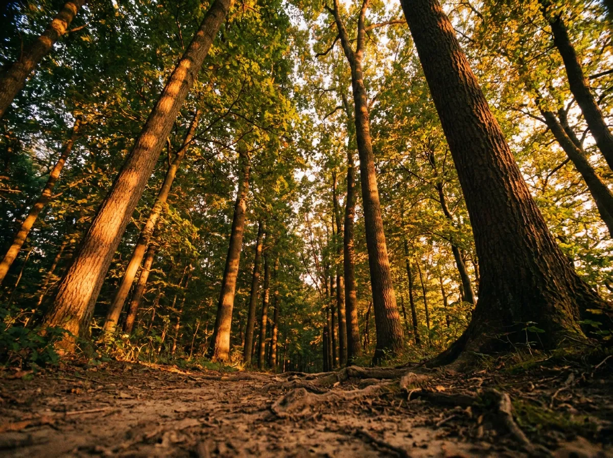 Blick durch den dichten Balj-Wald am späten Nachmittag mit Sonnenstrahlen, die durch die Bäume dringen