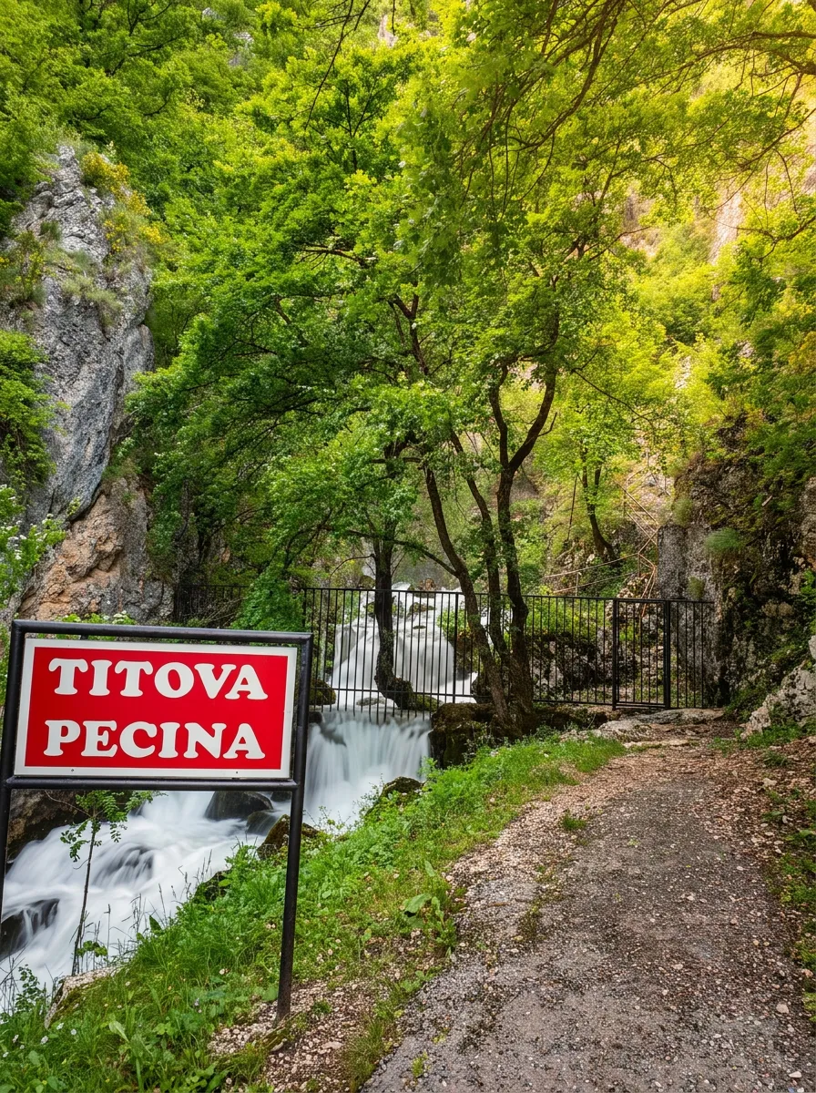 Znak za Titovu pećinu u prirodnom okruženju pored rijeke