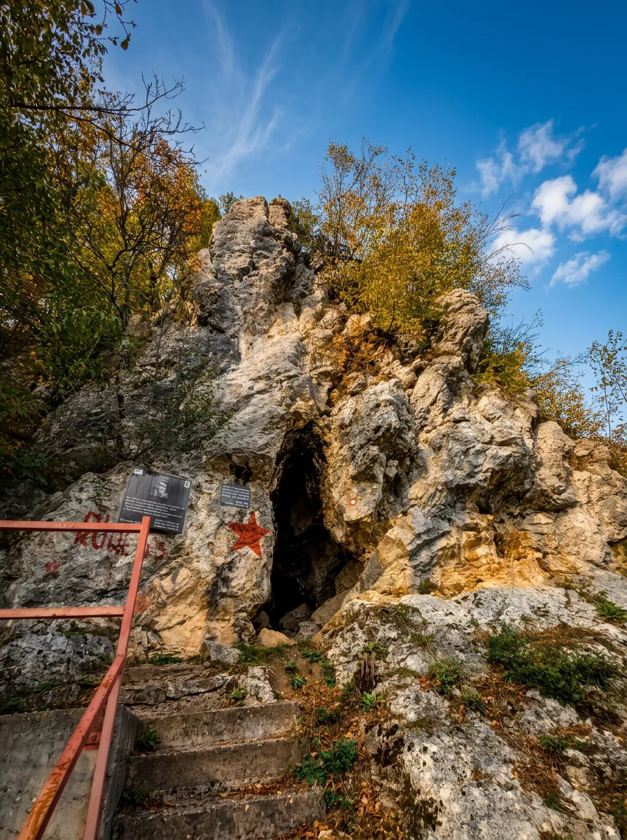 Exterior view of the rocks and entrance to Tito's Cave in Kladanj