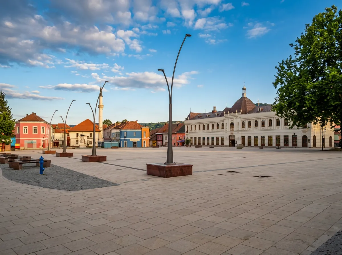 A wide panorama of the spacious paved Trg slobode with modern street lamps, historic buildings, Čaršija Mosque in the distance, and colorful house facades under a blue sky with clouds