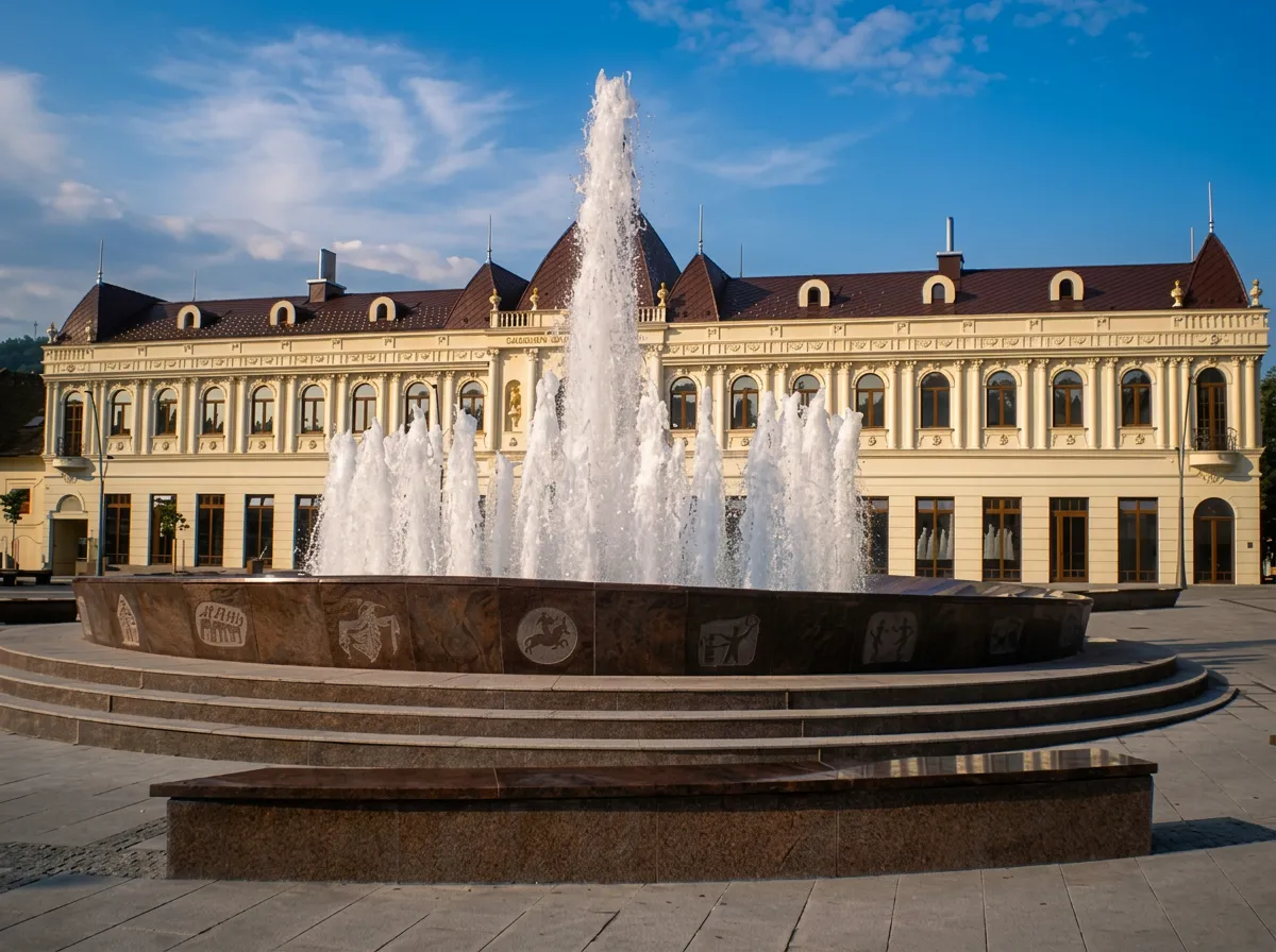 Close-up of a lavish stone fountain in the shape of a stećak, from which white jets of water spray high, with the Barok building on Trg slobode in the background under a blue sky