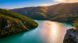 A spectacular view of the course of the Vrbas River and the wooded slopes near the historic Bočac Fortress