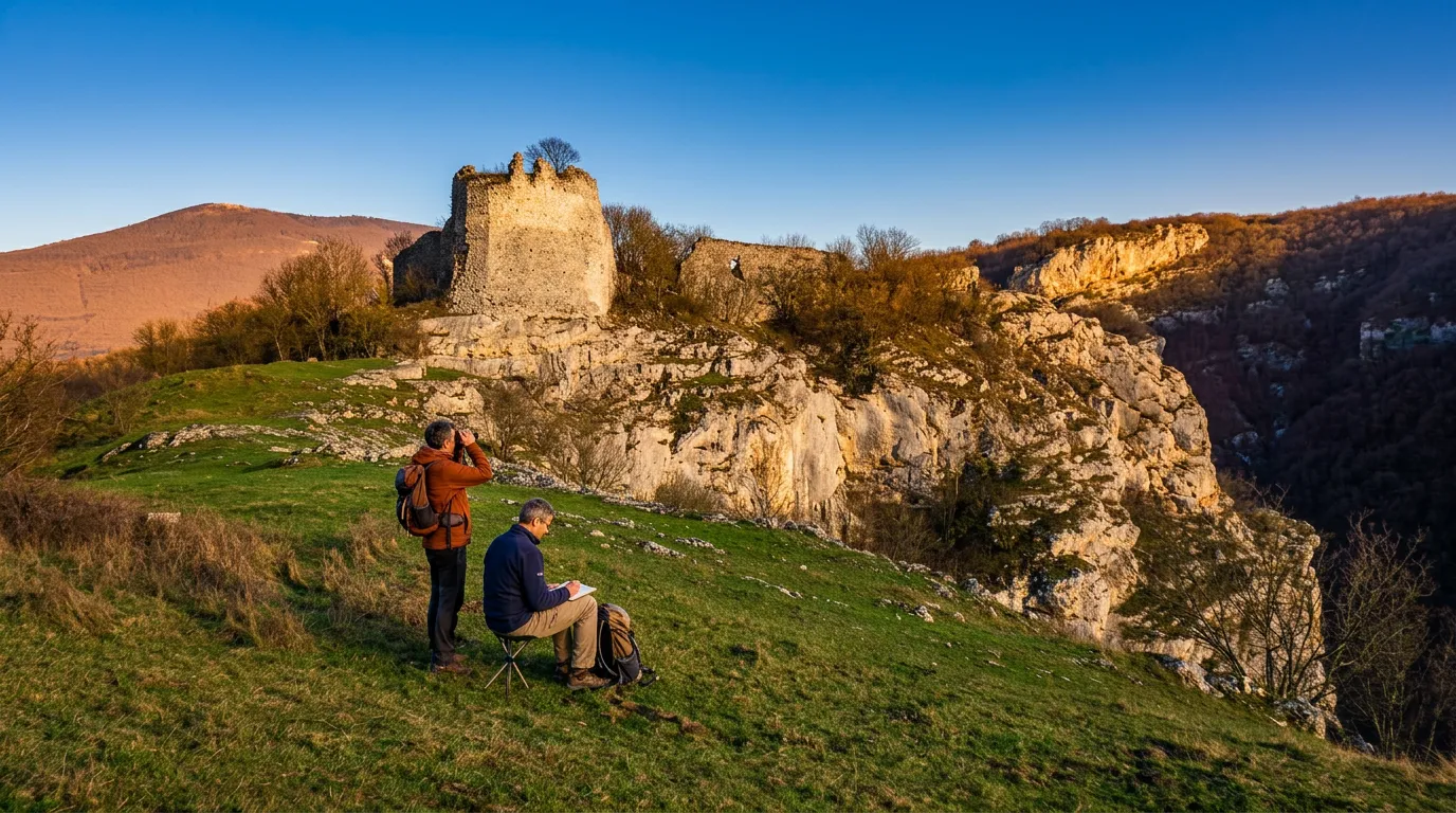 Hikers enjoy the break and the beautiful scenery with a view of the walls of Bočac Fortress
