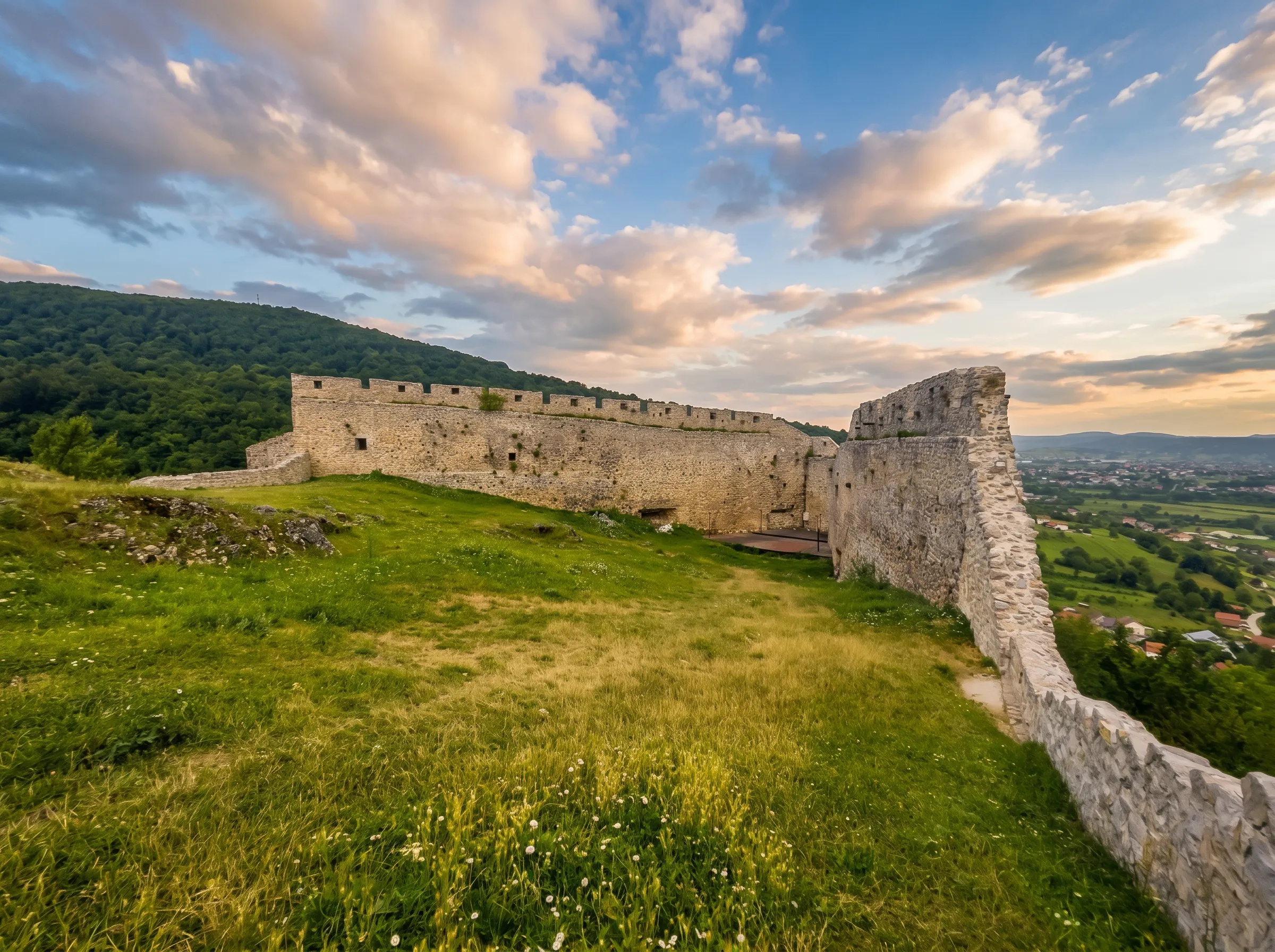 Preserved stone defensive walls of Sokolac Fortress surrounding the inner grassy courtyard, under a sky streaked with warm evening clouds at dusk