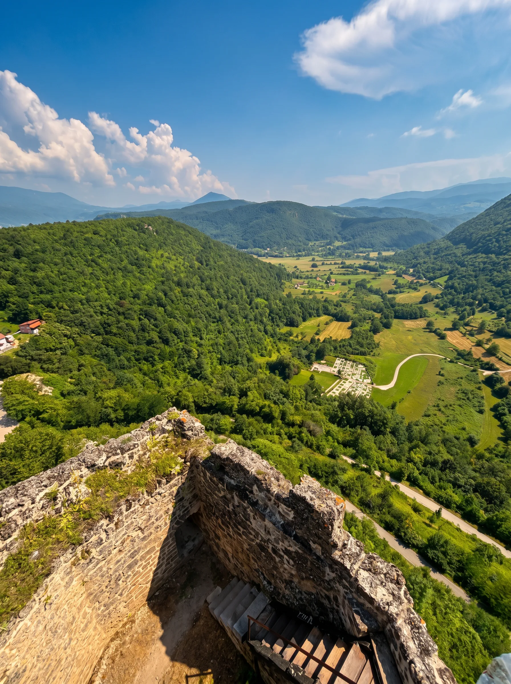View from the top of the stone walls of the old town of Sokolac over a vast green valley, hills and the landscape around Bihać under a blue sky with white clouds