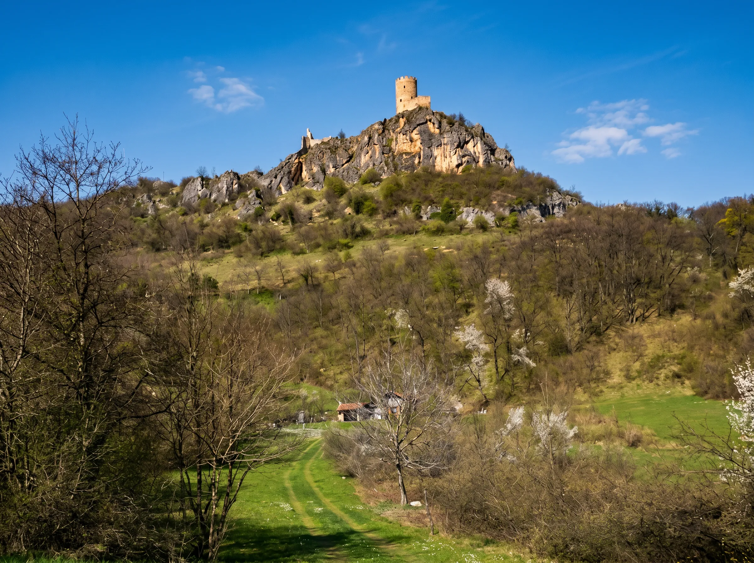 View from the foot of the monumental main tower and walls of the historic Sokolac Fortress, located at the very top of a rocky, green hill