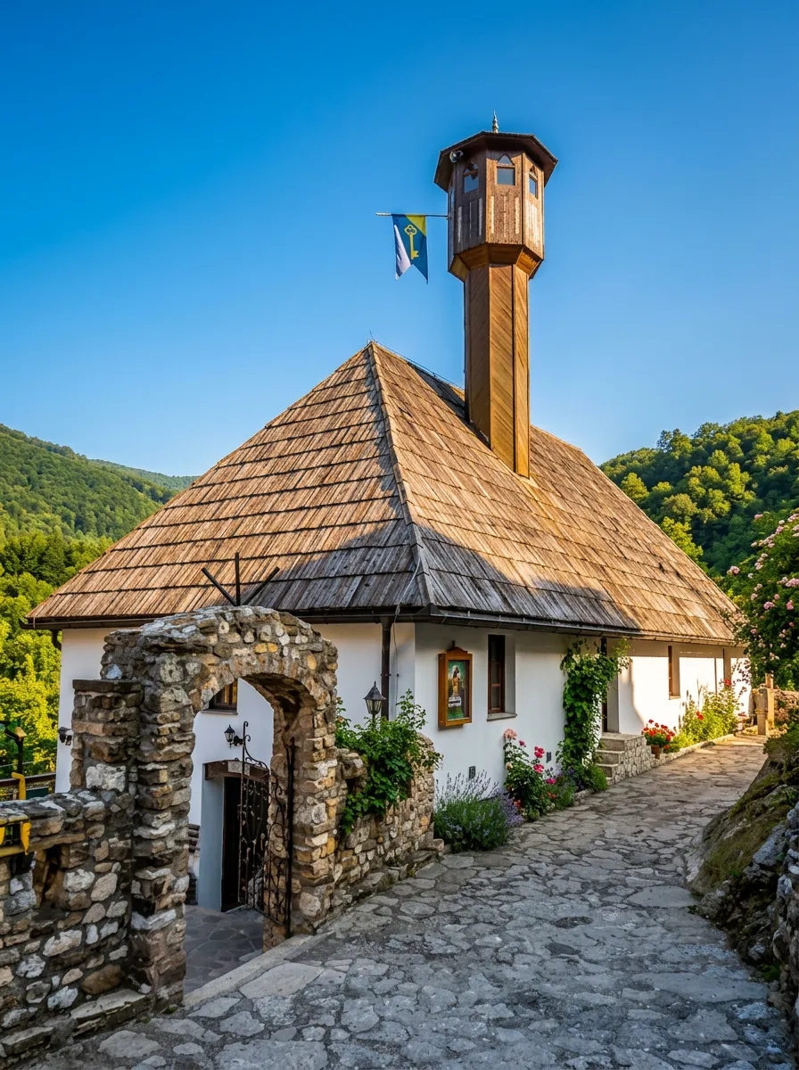 Steinerner Eingang und traditionelle weiße Moschee mit Holzdach und markantem hölzernem Minarett im Komplex der Altstadt Vranduk