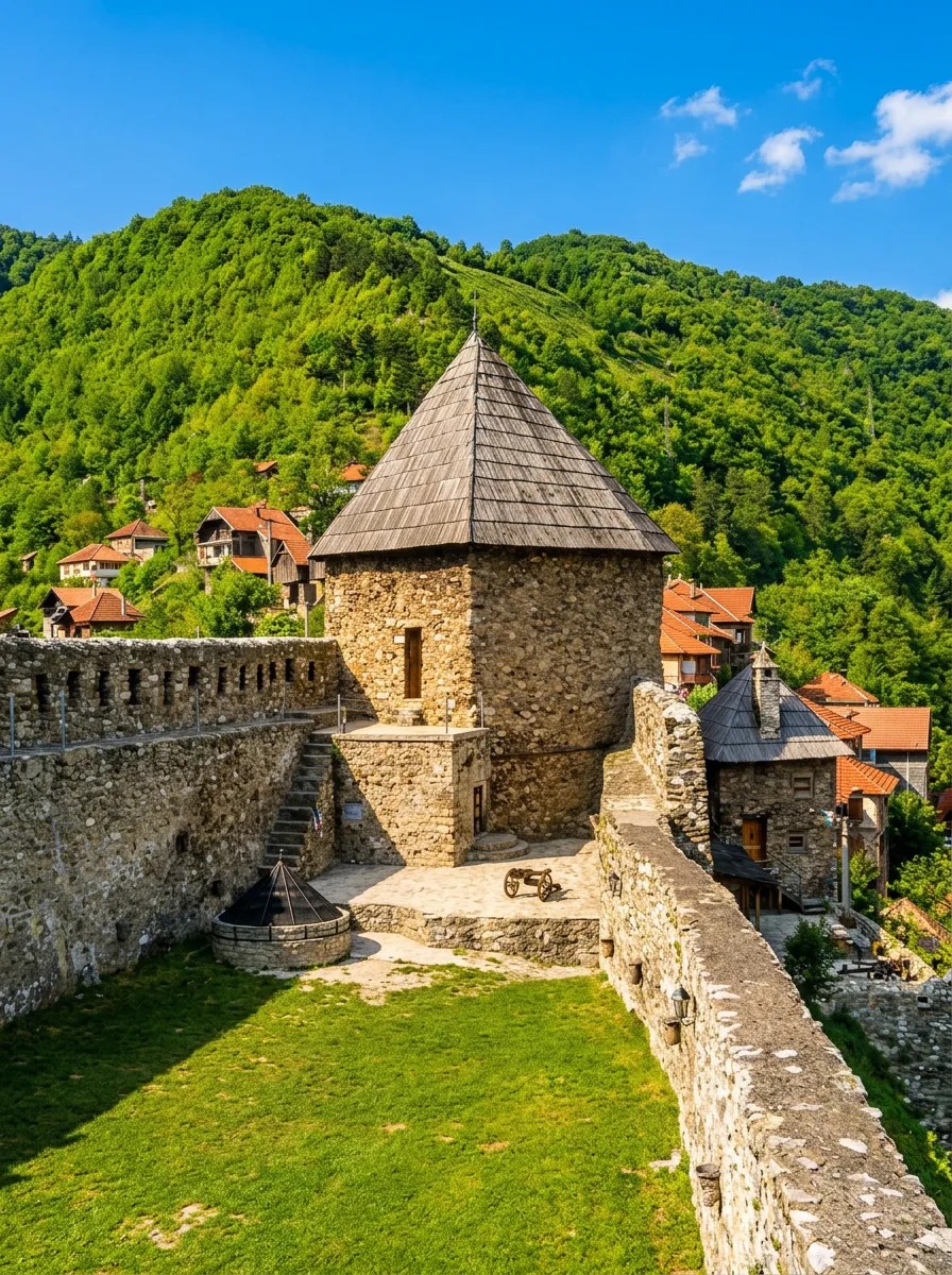 Blick von den Steinmauern auf den Hauptturm mit Holzdach innerhalb der mittelalterlichen Festung Vranduk, umgeben von grünen Hügeln