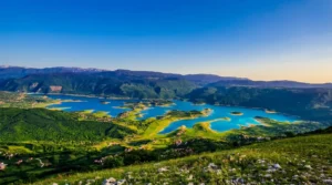 Beautiful landscape of the lake and hills in the late afternoon from the Draševo viewpoint