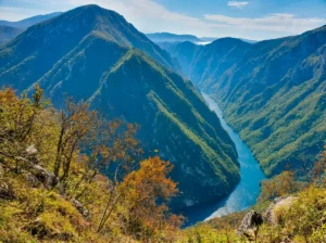 A fascinating aerial view of the blue, winding course of the Drina River in a deep canyon, surrounded by massive, steep mountain cliffs and autumn trees in the foreground