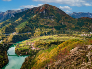 Mountain landscape and a bridge over the river seen from Vinine viewpoint