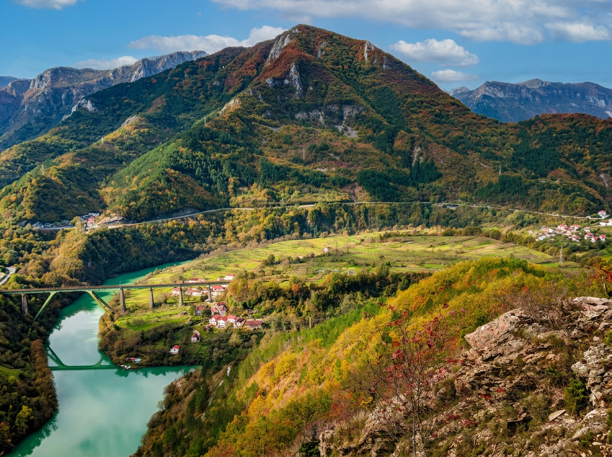 Mountain landscape and a bridge over the river seen from Vinine viewpoint