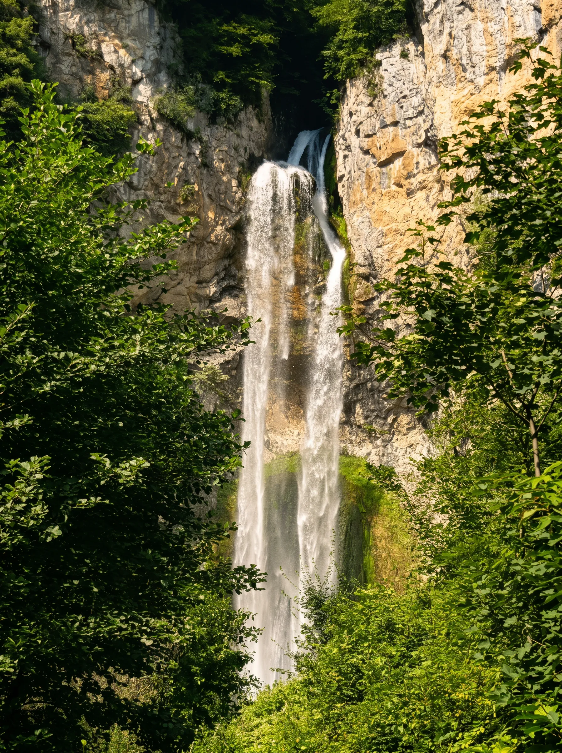 Nahaufnahme des hohen und schmalen Wasserstrahls des Wasserfalls Blihe, der über eine massive, senkrechte Felswand hinabstürzt, umgeben von grünem Laub