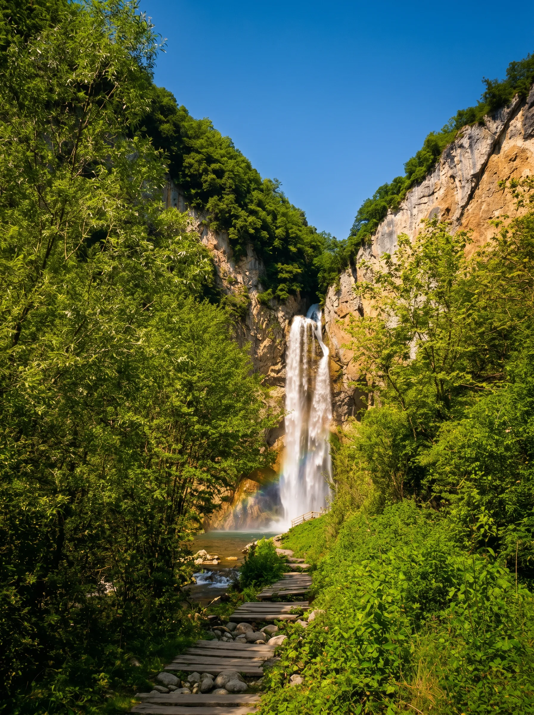 Der Wasserfall Blihe, verborgen in einem tiefen, bewaldeten Canyon und eingerahmt von dichtem grünem Baumbestand unter klarem blauem Himmel