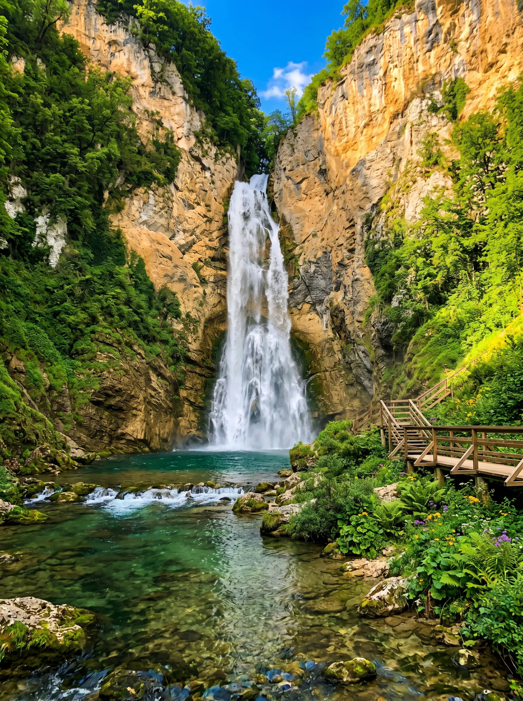 Gesamtansicht des Wasserfalls Blihe, der in ein türkisfarbenes Becken mündet, mit einer angelegten Holzbrücke und einer Besucherplattform auf der rechten Seite