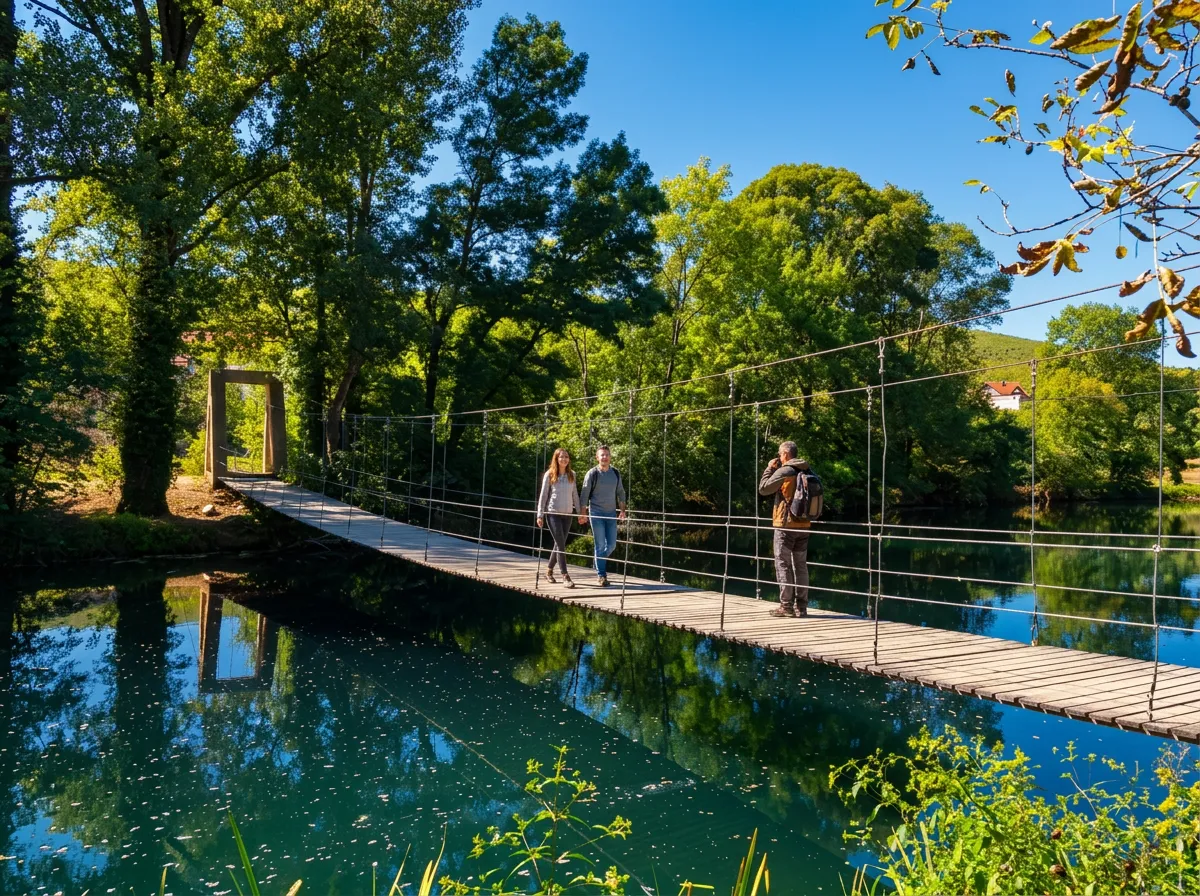 Two tourists walk across a long suspended wooden bridge with cables connecting the riverbanks, while the surrounding green trees are perfectly reflected in the calm turquoise water