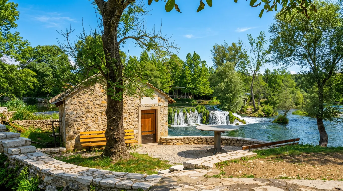 A restored old stone house with wooden doors and a landscaped courtyard with benches, located right next to the calm turquoise river flow and waterfalls in the background