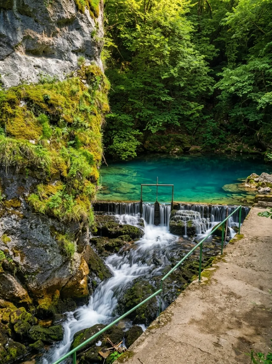 A small stone barrier at the spring of Bastašica from which the water plunges down the rocks in a fast cascade, while above it a calm natural turquoise pool is visible, surrounded by dense forest