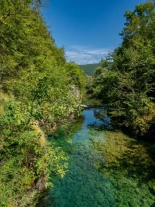 Clear, clean water of the Bastašica River winding through a narrow forest canyon covered with lush green trees and Mediterranean vegetation under a bright sky