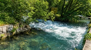 Powerful, foamy, and crystal-clear turquoise water of the Lištica River rushing quickly over the rocks at the Borak spring, surrounded by lush green trees and overhanging branches