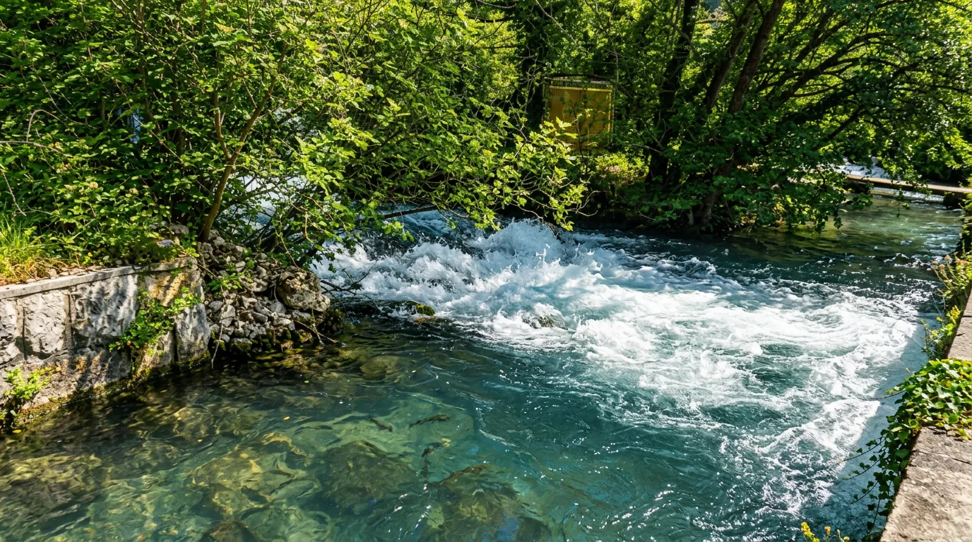 Powerful, foamy, and crystal-clear turquoise water of the Lištica River rushing quickly over the rocks at the Borak spring, surrounded by lush green trees and overhanging branches