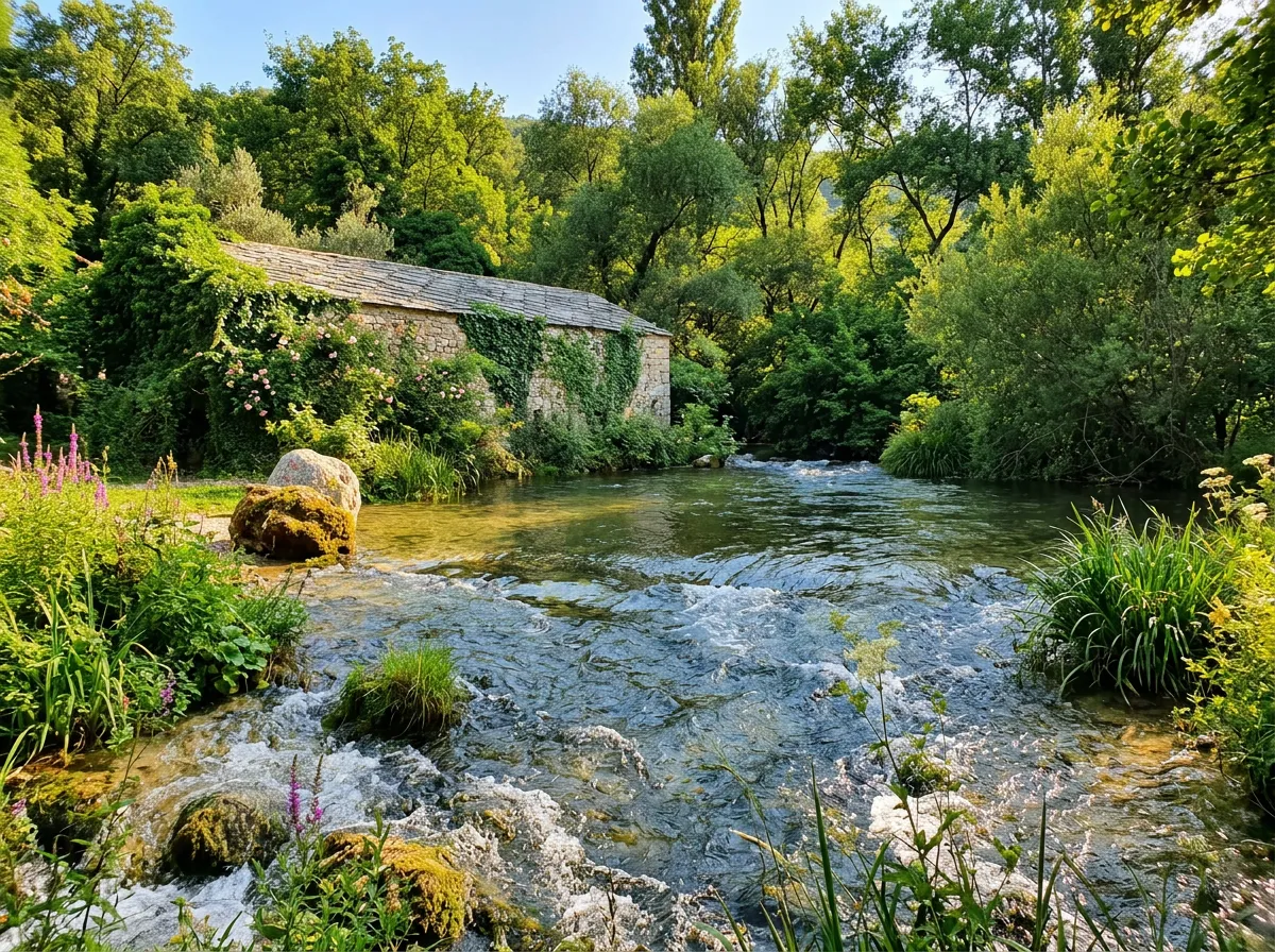 An historic stone watermill overgrown with vines and ivy on the bank of the calm, shallow flow of the Lištica River, in the idyllic and dense forest setting of the Borak excursion area