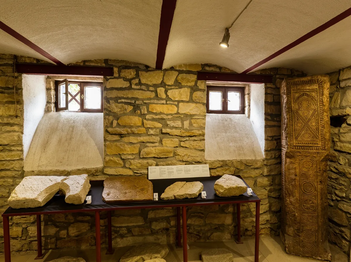 Lapidarium und archäologische Sammlung mit Fragmenten alter Steinmonumente, auf Sockeln vor einer massiven Natursteinmauer mit kleinen Fenstern ausgestellt