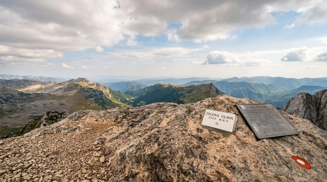 Rocky summit of Zelena Glava with a prominent hiking sign and elevation marker, overlooking the vast mountain landscape of Bosnia and Herzegovina