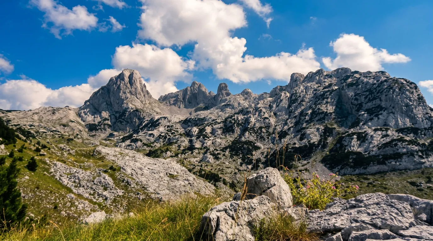 View of the sharp, rugged grey cliffs of the Prenj massif rising above the mountain pastures, framed by dynamic white clouds