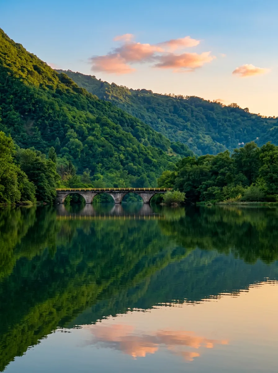 A historic arched stone bridge in the distance spanning the calm waters of Zvorničko jezero, with a perfect reflection of dense green hills and the warm evening colors of the sky on the water’s surface