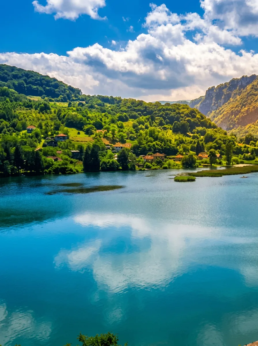 A view from above of the calm, deep blue water of Zvorničko jezero, reflecting white clouds, with green hills and village houses on the opposite shore
