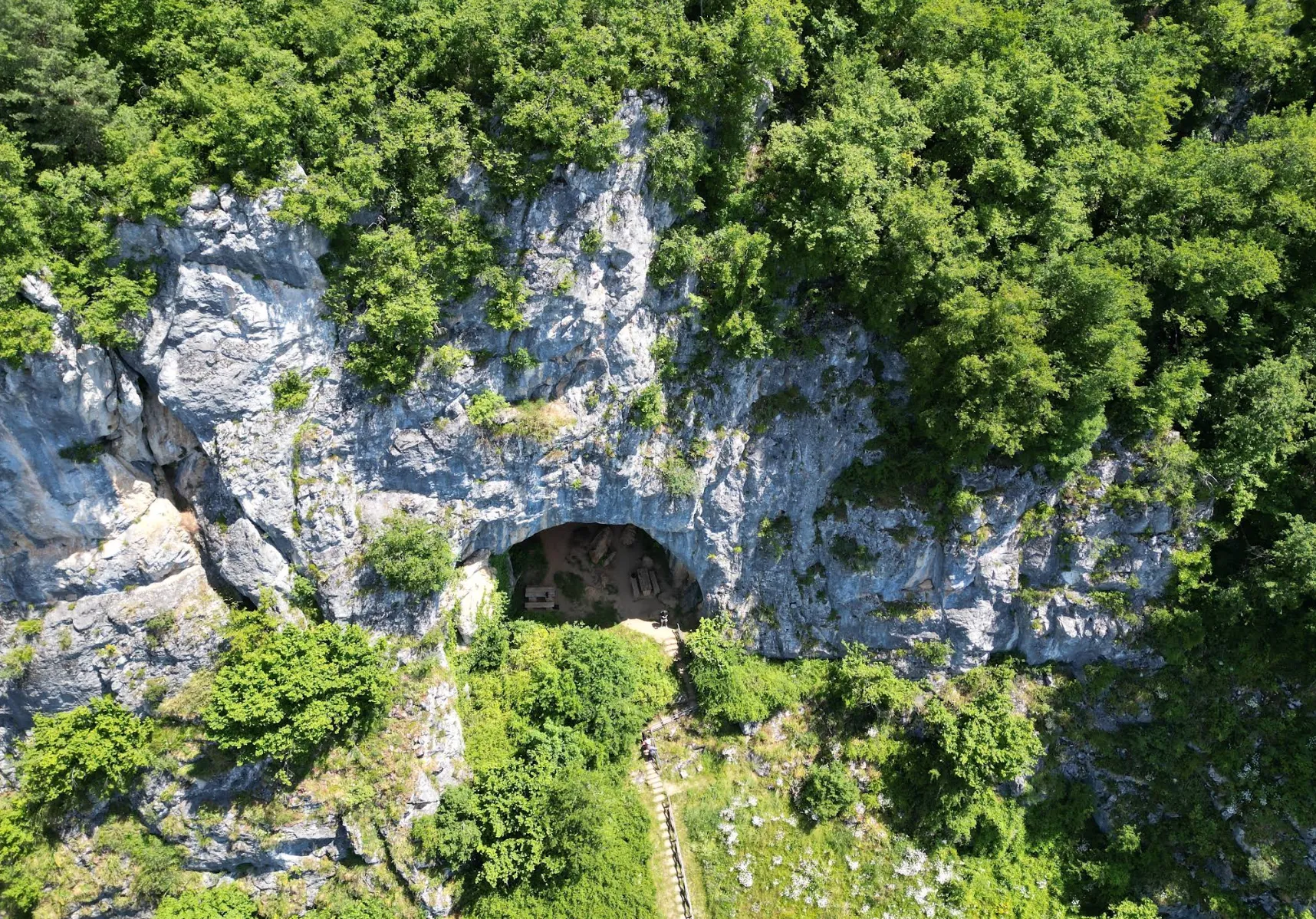 Ptičja perspektiva pećinskog otvora u Zaštićenom pejzažu Bijambare okruženog gustom šumom na stjenovitoj litici