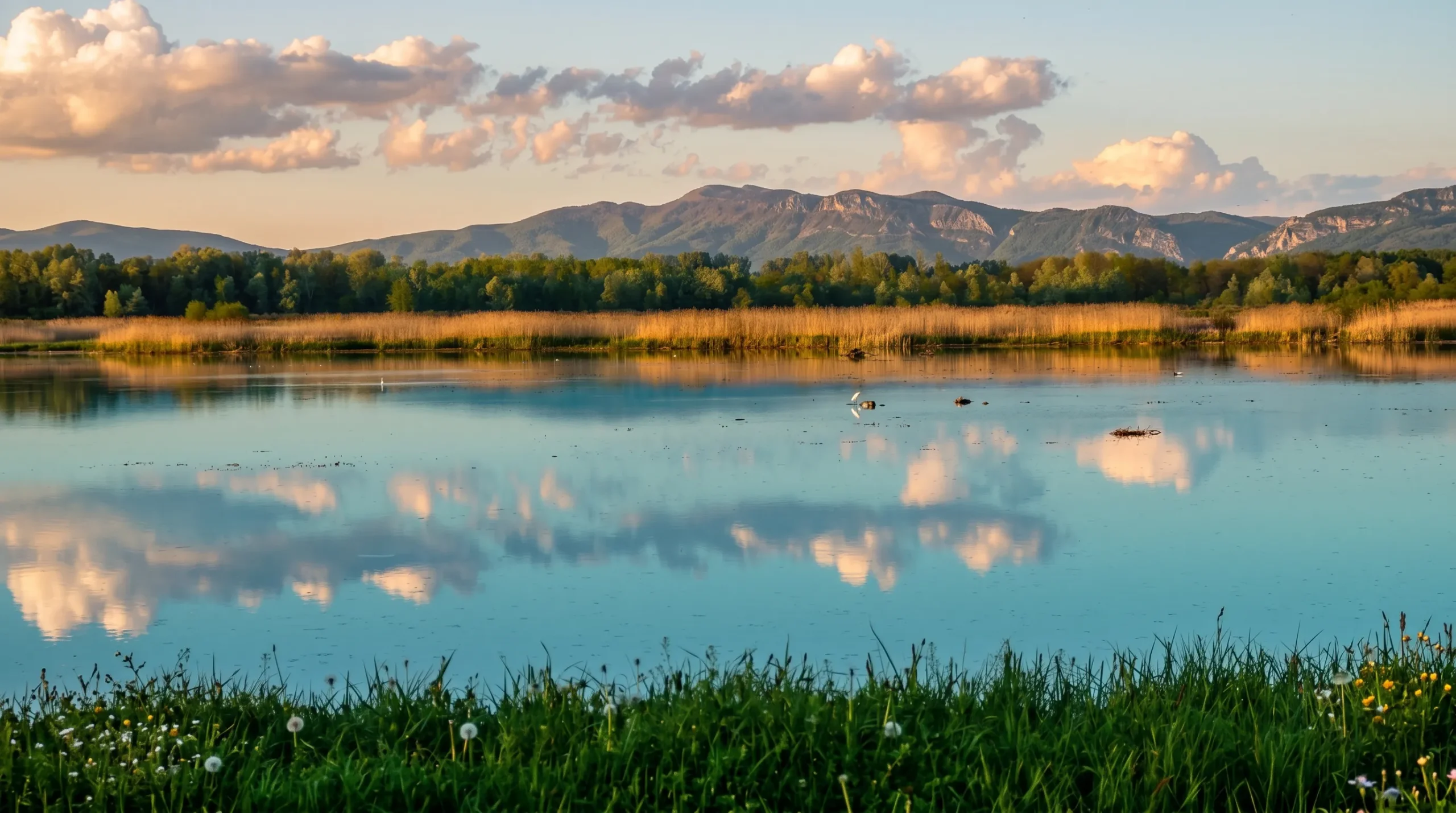 Calm lake water reflecting reeds, dense green forest, and distant mountain ranges under light evening clouds at Bardača
