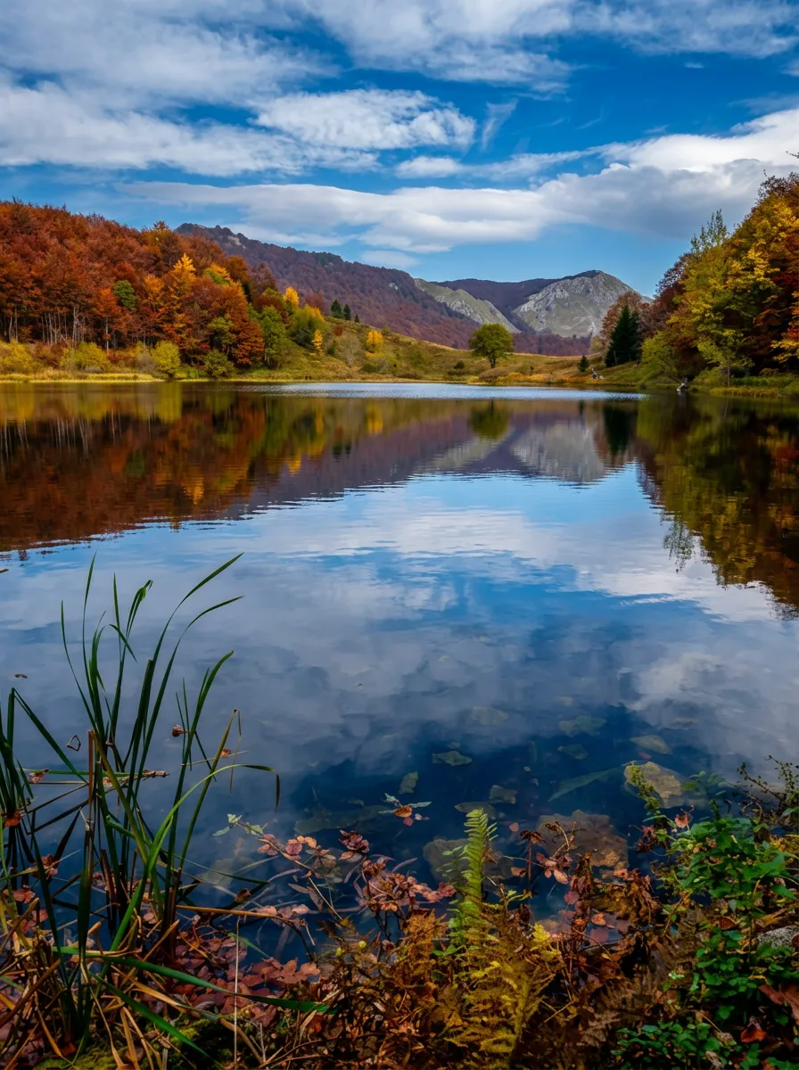 Riflesso cristallino del cielo azzurro e del bosco autunnale, rosso-dorato, sulla superficie del lago Donje Bare, con l’erba palustre in primo piano