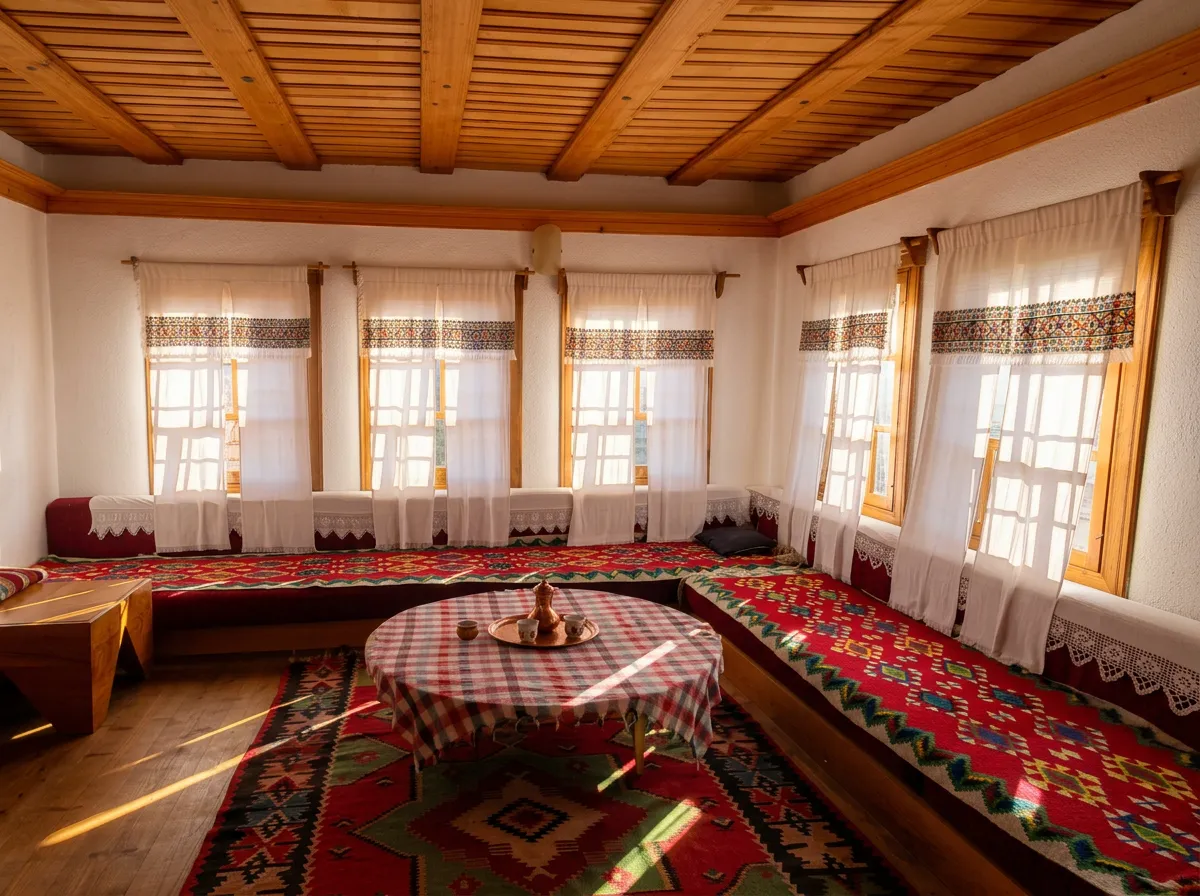 Traditionally decorated interior of Eminagića konak with low tables and Bosnian rugs