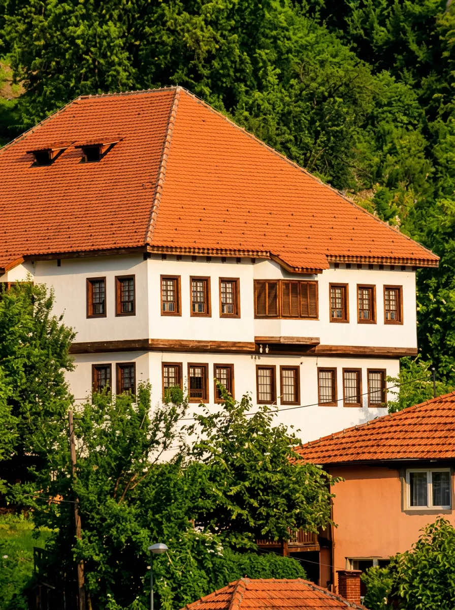 View of the roof and architectural details of Eminagića konak surrounded by greenery