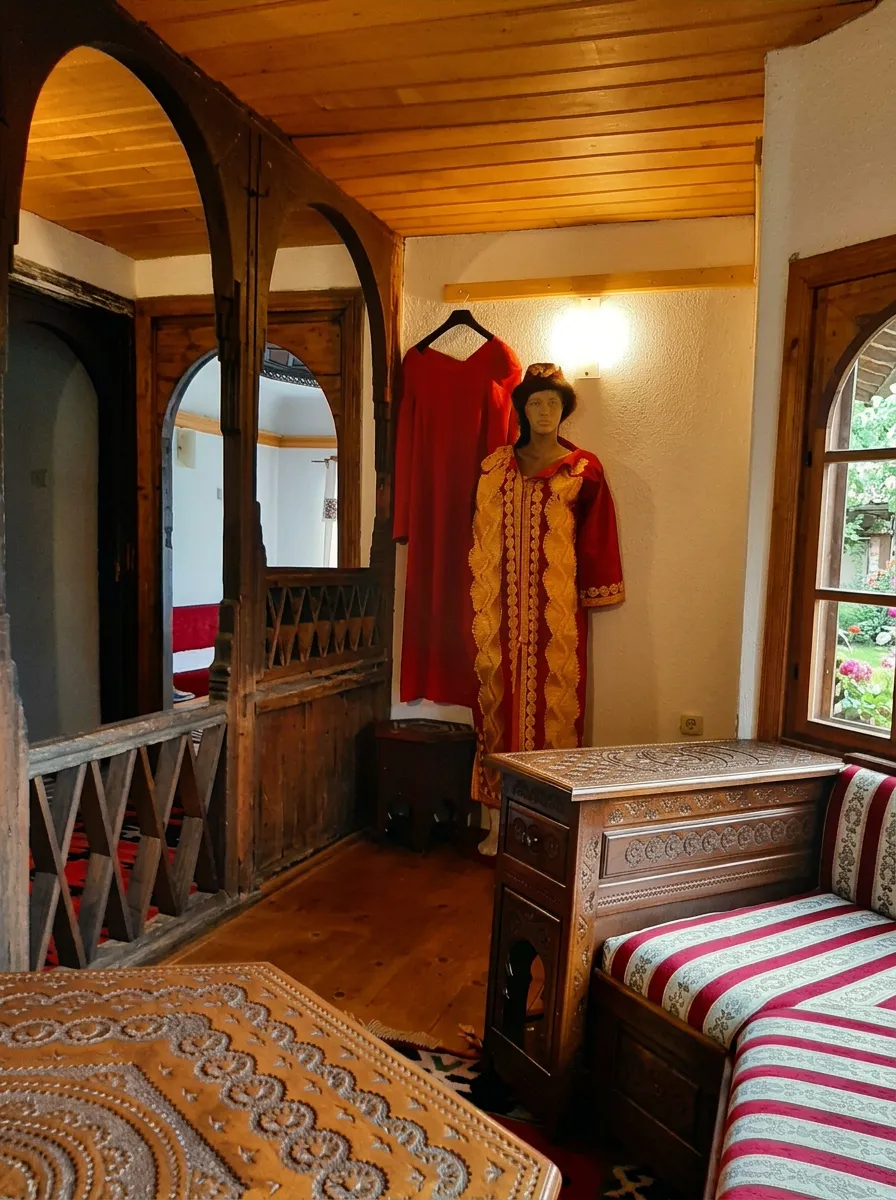 Display of traditional folk costume and furniture inside Eminagića konak