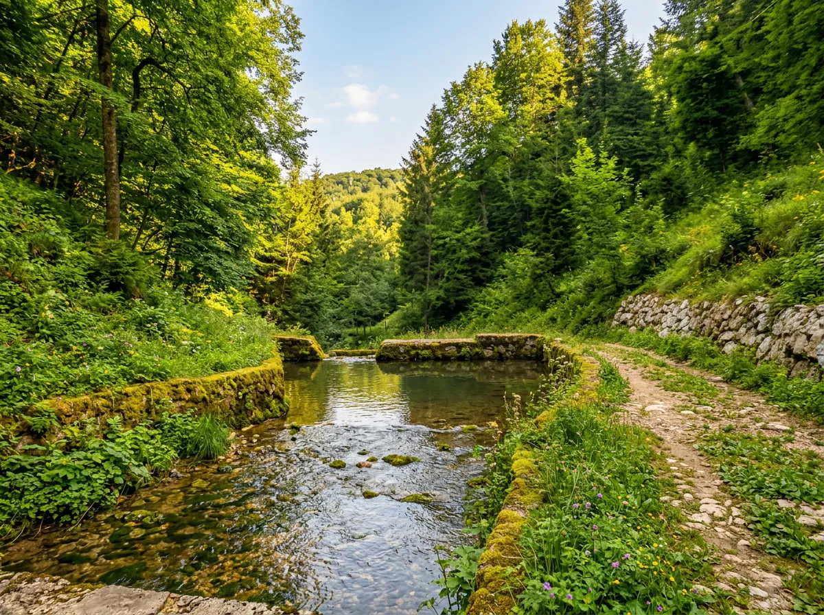 A peaceful, shallow mountain stream forming a natural pool bordered by moss-covered stone walls, with an earthen walking path passing beside it in the dense green forest