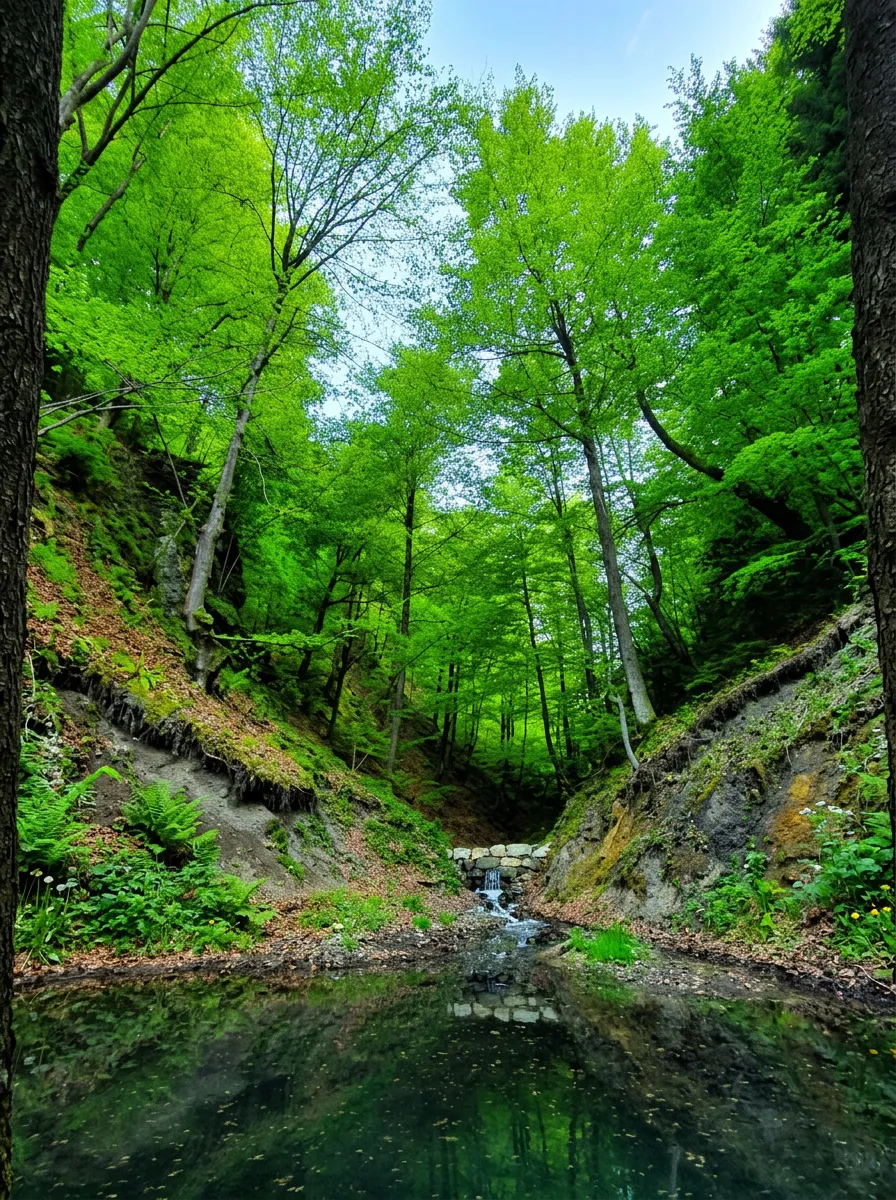 A vivid forest stream babbling and flowing through a narrow, steep cut covered with lush, intensely green tree canopies that create deep shade