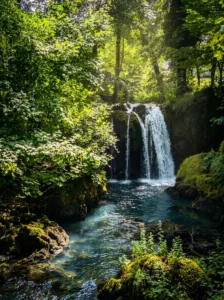 Zengin orman yeşilliği ve içinden güneş ışınlarının süzüldüğü ağaç tepeleriyle çerçevelenmiş, berrak bir nehir koluna dökülen küçük, şirin bir şelale