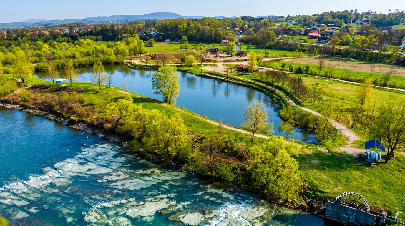 A beautiful landscape of Mrkotić Lake framed by lush green trees and blooming nature under a clear sky