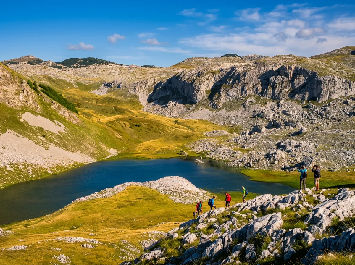 Grupa planinara sa ruksacima pješači strmim krševitim grebenom iznad duboko plavog gorskog oka — Kotlaničkog jezera, koje je okruženo masivnim kamenim liticama i žućkasto-zelenom travom.