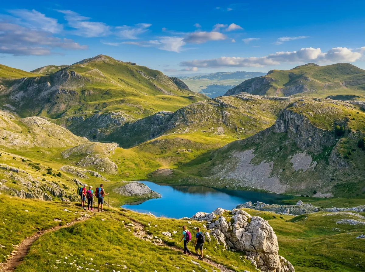 Pogled sa uzvišenja na prirodno plavo Kotlaničko jezero smješteno u zelenoj dolini Zelengore, sa planinarima na stazi u prvom planu i prostranim planinskim vrhovima u pozadini