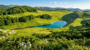 Parlak yeşil, dalgalı çayırların arasında, ön planda kır çiçekleriyle çevrili bir çukurlukta yer alan pürüzsüz ve berrak bir dağ gölü